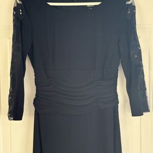 SLNY Navy Blue Dress with Sheer Embellished Sleeves